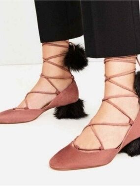 Zara blush pink suede lace up heels with black fur pom poms size 7.5